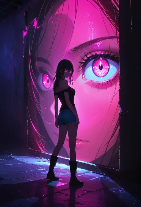 (Portrait of a mysterious giant eye), indoor, Fluorescent illumination, (Darkness shrouded, Wall background, black background, shadow, extreme darkness:2.0), Minimalist graffiti style background, Fluorescent pink eye graffiti, Dark atmosphere, 1girl, Overs...