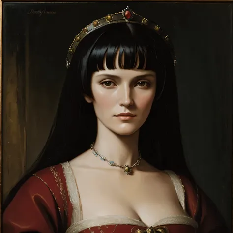 Oil painting of a medieval countess, 16th century oil painting portrait, Daryl Hannah, oil painting filter, black hair, young face