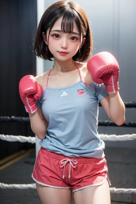 ((A girl with a very young face)), ((highest quality)), 11 years old、, A girl with a very young face wearing a pink and sky blue shirt, Girl with pink boxing gloves, Shorts, ring、Off-the-shoulder girls、cute、Plump thighs、Big Breasts、ボクシングのringに立つ、Dark Backg...