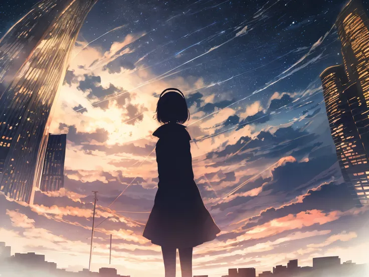 anime,silhouette,1girl, headphone、Back view、Blonde、Holding a microphone、singing、star (sky), cloud, cityscape, building, city, outdoors, skyscraper, city lights, night, night sky, sunset, skyline