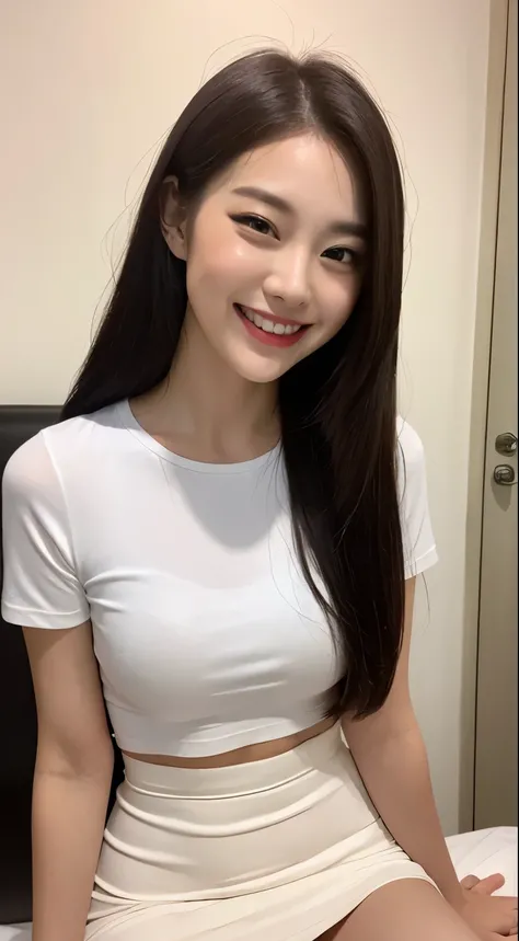 White tight shirt、White tight mini skirt、bed、smile、Short sleeve、high resolution、Korean idol face、double eyelid、White teeth