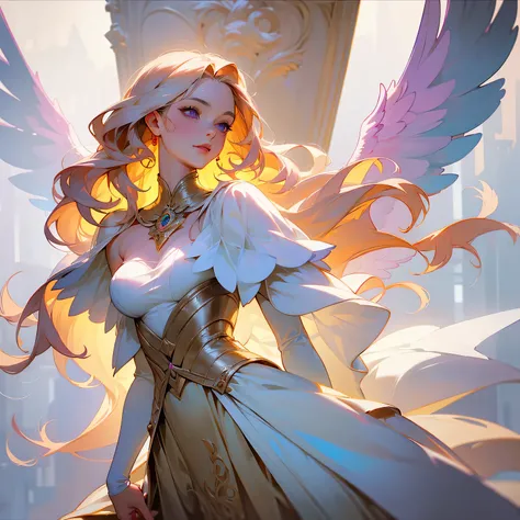 femme de 50 ans, Middle-aged European, ((trentenaire)), buste, solo, full lips, [[Angel wings]], (visage de forme ovale), flowers, (Heavenly Nose), wears a cape, peau claire et chaude, purple eyes, des yeux de biche, very light rose gold hair, very light p...