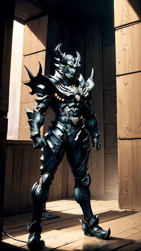 A man wearing a full-face helmet, a fantasy-style biomecha armored combat suit, green eyes, a composite layered chest armor, fully enclosed shoulder guards, matching arm and leg guards, the belt is adorned with dragon claw grasping orbs, primarily black wi...