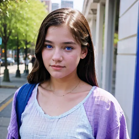 photo of a columbia student，17 years old, in purple pink, linen coarse cloth, (freckles:0.8) blush，cute face, scifi, dystopian, ...