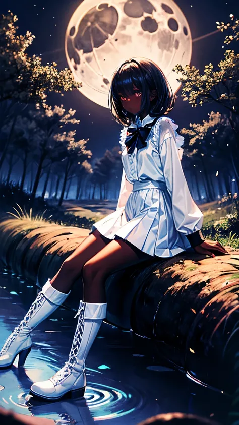 dark skin girl, white clothes, black make-up, long-sleeves puffy shirt, tulle skirt, white fishnets, white boots, forest at night, moonlight