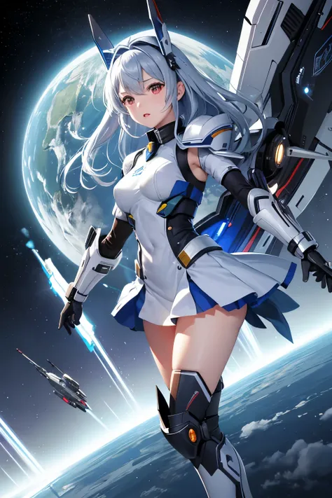 （（（highest quality、first-clasasterpiece、Normal body、8k、Detailed face、Ultra-precision、Normal hand、Normal finger、５Finger、）））Blue and silver hair、Machine Angel、Large mechanical wings、Large booster、Large thruster、Sun visor、Thought-guided remote-controlled weap...