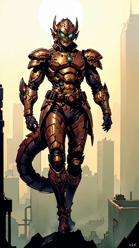 A man wearing a full-face helmet, a fantasy-style biomecha armored combat suit, green eyes, a composite layered chest armor, fully enclosed shoulder guards, matching arm and leg guards, the belt is adorned with dragon claw grasping orbs, primarily black wi...