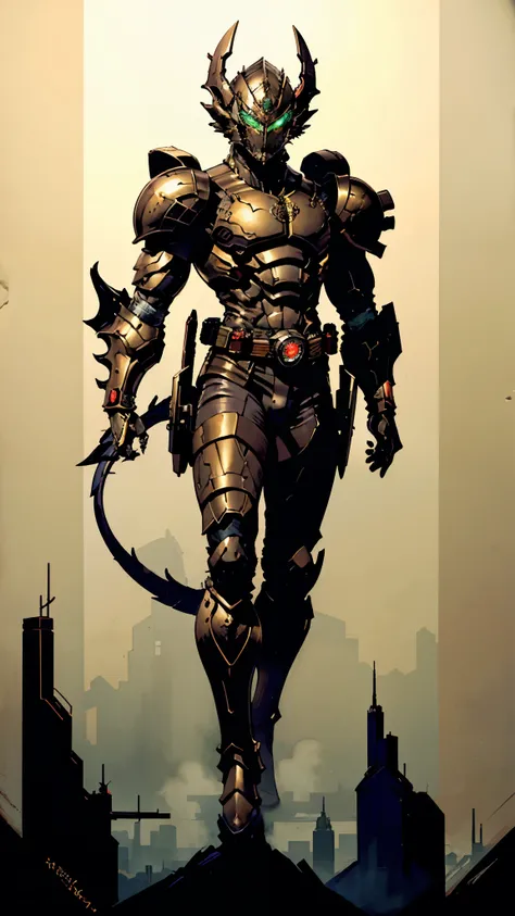 A man wearing a full-face helmet, a fantasy-style biomecha armored combat suit, green eyes, a composite layered chest armor, fully enclosed shoulder guards, matching arm and leg guards, the belt is adorned with dragon claw grasping orbs, primarily black wi...