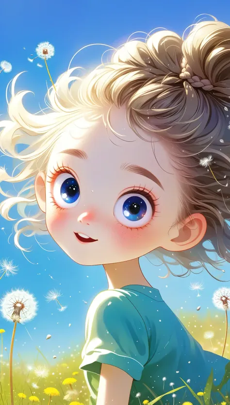 1 girl(lovely, kawaii,child,hair shiny,braided hair,messy hair,dandelion hair accessories,eye color universe,big eyes,dynamic an...