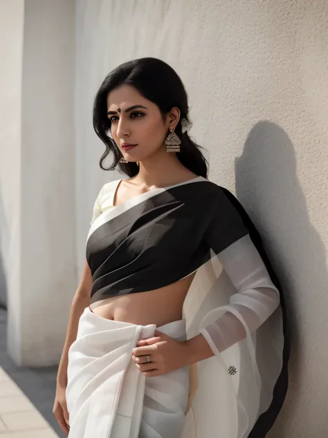 photo of trdi woman, outdoors, realistic skin texture, looking looking at camera, (cotton_saree_blouse:1.2), simple white stucco...