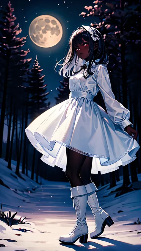 dark skin girl, white clothes, black make-up, long-sleeves puffy shirt, tulle skirt, white fishnets, white boots, forest at night, moonlight