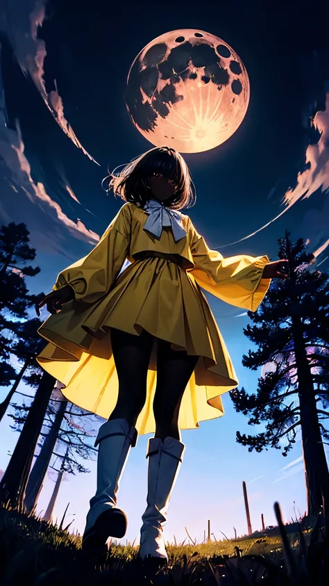 dark skin girl, yellow clothes, long-sleeves puffy shirt, tulle skirt, white boots, forest at night, moonlight, giant moon, darkness, view from below