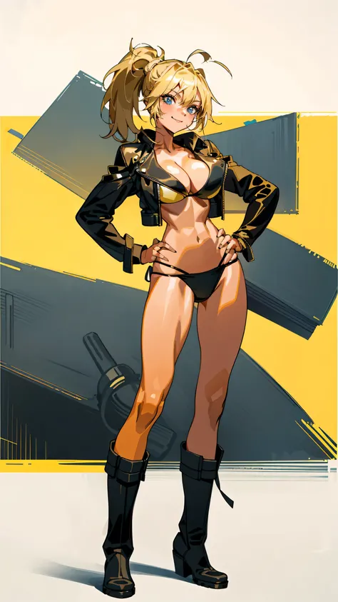 Masterpiece, best quality, Masterpiece, best quality, 1 woman  , blue eyes , yellow ponytail , black leather jacket , sly face , smile , bikini , abdomen, big breasts , Long legs , boots , hands on hips , blank background