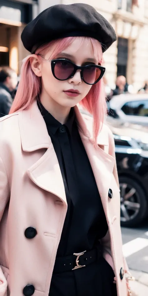 4K, Realistic, High resolution, Super Eyes Details, Fashion clothes, Pink trench coat, French Beret, Black pants with belt, Long Hair, In the city,  Pink Hair, Purple eyes, Yae Miko, Wearing trendy sunglasses,