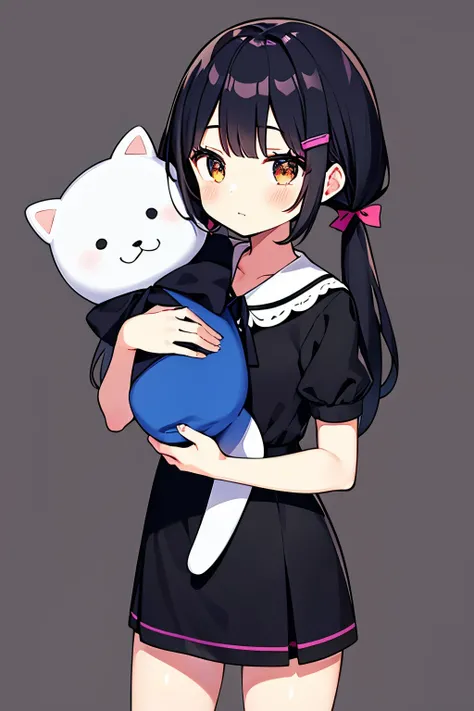 1girl,9 years old, Height is 151,Slender, Black hair, very dark brown eyes, Short cute twintails, Stars hair clips, Dark blue skirt dress, rainbow and cloub patterns dress, hugging puppy doll, Simple background