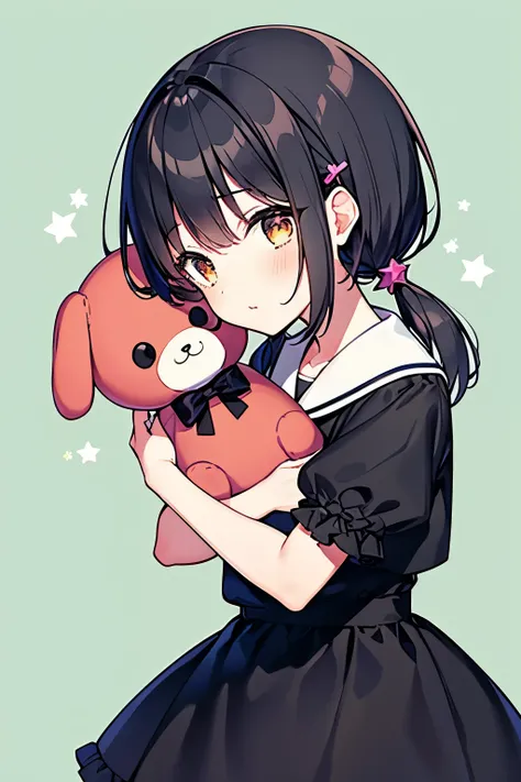 1girl,9 years old, Height is 151,Slender, Black hair, very dark brown eyes, Short cute twintails, Stars hair clips, Dark blue skirt dress, rainbow and cloub patterns dress, hugging puppy doll, Simple background