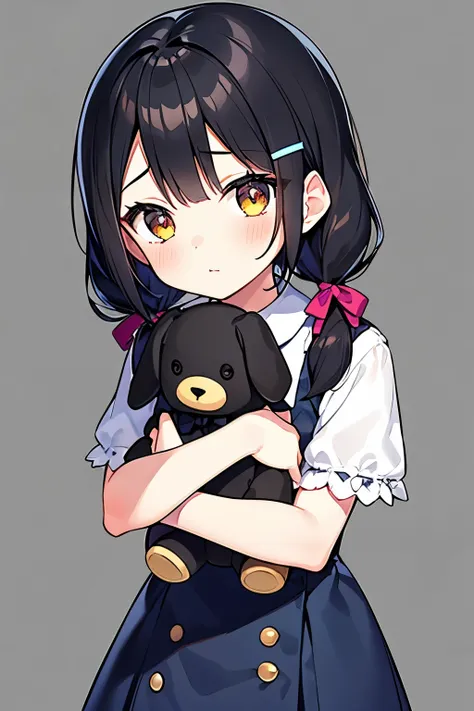 1girl,9 years old, Height is 151,Slender, Black hair, very dark brown eyes, Short cute twintails, Stars hair clips, Dark blue skirt dress, rainbow and cloub patterns dress, hugging puppy doll, Simple background