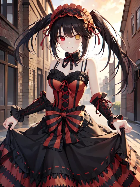 masterpiece, The best quality、street、Put your arms behind your back、Black Hair, Long twin tails bunches, (Yellow eyes:1.2), Heterochromia iridum, (Red Eyes:1.2),Tokisaki Kurumi、Smile,Gothic Lolita Clothing Accessories、victorian maid tiara、Black Ribbon、Shut...