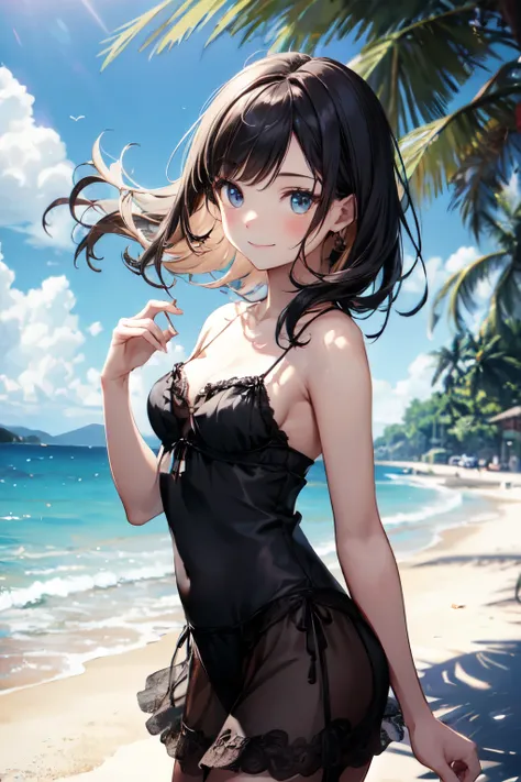 very cute and beautiful girl,(highly detailed beautiful face and eyes),camisole,cute ruffle petticoat,
(smile),happy,looking at viewer,black hair,cowboy shot,detailed legs,beach,tropical resort,
(best quality,masterpiece),absurdres,highres,ultra-detailed,e...