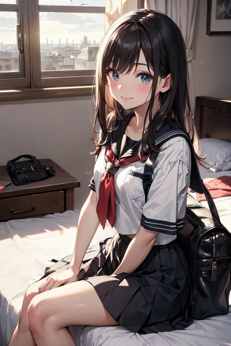 very cute and beautiful girl,(highly detailed beautiful face and eyes), (seductive smile),blush,looking at viewer,black hair,serafuku,short sleeve,pleated navyblue mini skirt, sitting on bed sheet,arms behind back,school bag,pouch,antique hotel bedroom,win...