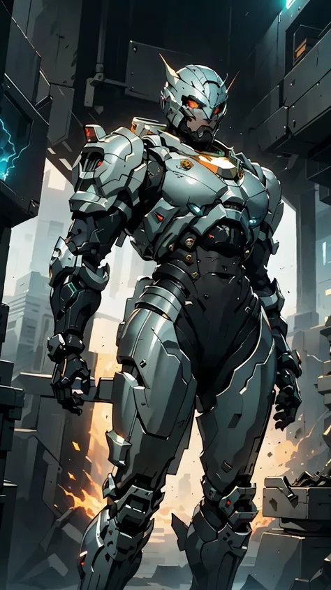 A man wearing a full-face helmet, a fantasy-style biomecha armored combat suit, green eyes, a composite layered chest armor, fully enclosed shoulder guards, matching arm and leg guards, the belt is adorned with dragon claw grasping orbs, primarily black wi...