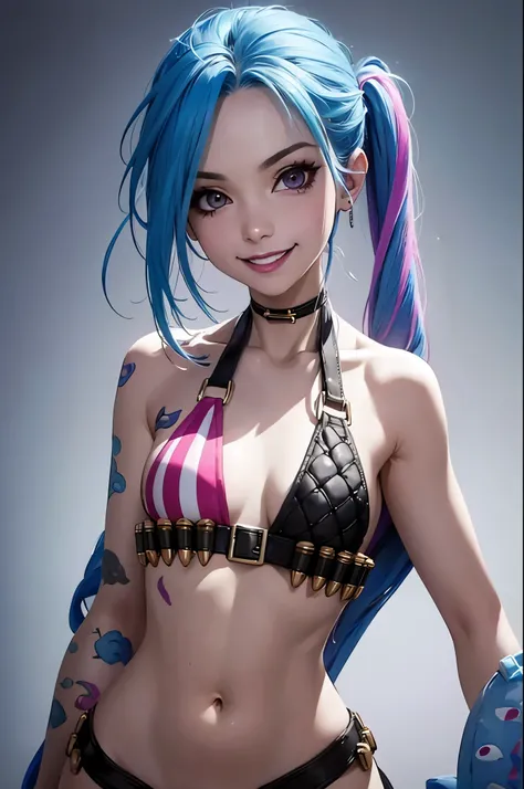 jinx, cuerpo completo, bikini sin top, fondo multicolor, pose sexy, sonriendo, ojos definidos, cuerpo definido, 8k extremadamente detallado