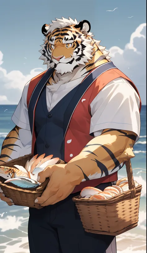 hairy，（tiger，Red vest：1.3）beard，Golden pupils，White short hair，Strong body，Golden fur，White shorts，Catch the sea by the sea，male，Carrying a basket，Seafood in the basket，full-body shot，Squinting smile，Seaside background，Real background，极其lifelike阴影，masterpi...