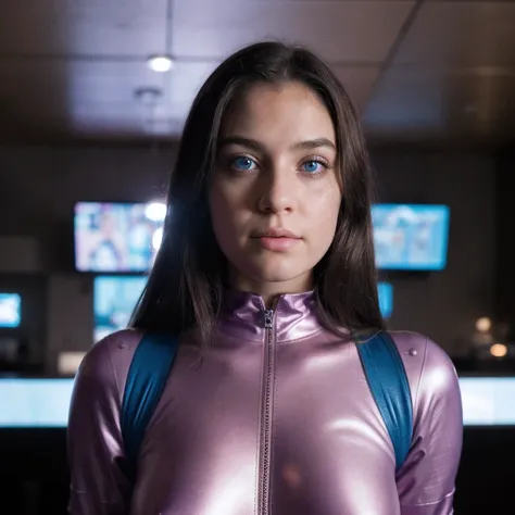 photo of a college student，16 years old, in Purple Pink, futuristic space suit, (freckles:0.8) cute face, sci-fi, dystopian, detailed eyes, cobalt blue eyes（（Side view））Disco bar