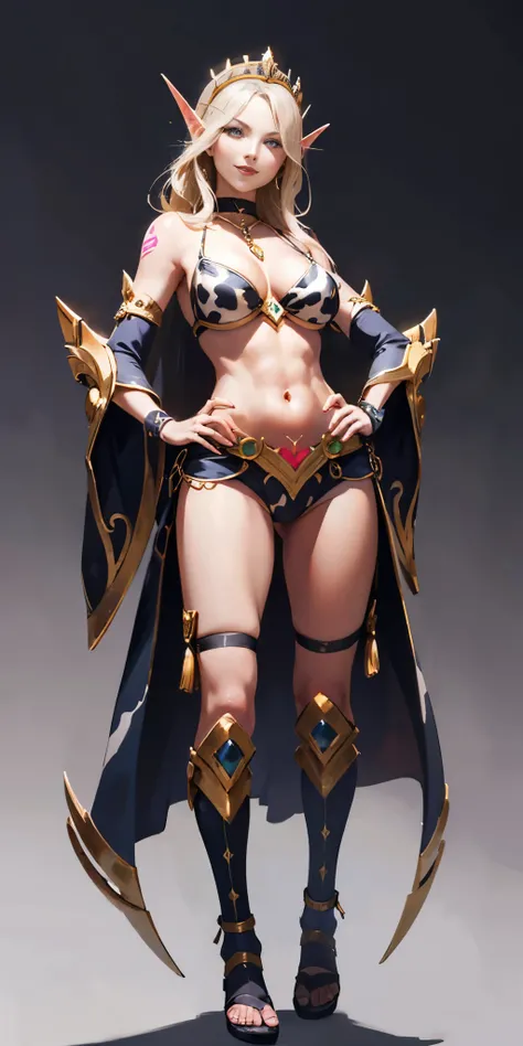 ((plain background:1.2)) ((1girl)) full body, standing, elf, mature, detailed happy face, purple eyes, blonde hair, black and white bikini (cow print bikini) (detached sleeves and stockings like ciw print) abs, big knockers, golden chain collar, stomach ta...