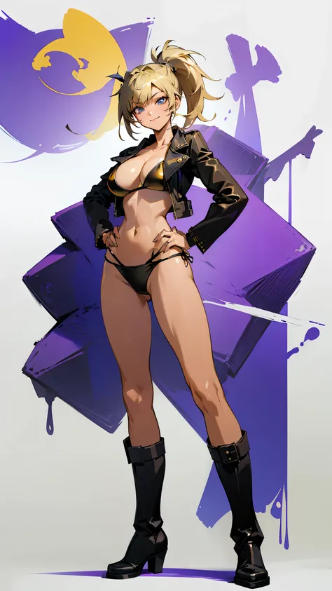 Masterpiece, best quality, Masterpiece, best quality, 1 woman , blue eyes , yellow ponytail , black leather jacket , sly face , smile , purple bikini , abdomen, big breasts , Long legs , boots , hands on hips , blank background