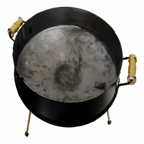 there is a large frying pan with a handle on a white background, metal lid, gong, oso, VTM, foto del producto de alta calidad, High-resolution product photo, braseros, Foto detallada del producto, sobre base de disco texturizada, Bubble chamber, foto ofici...