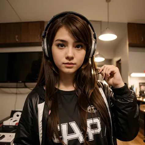 anime girl with brown hair and gamer pro headphones brown eyes 17 years old 