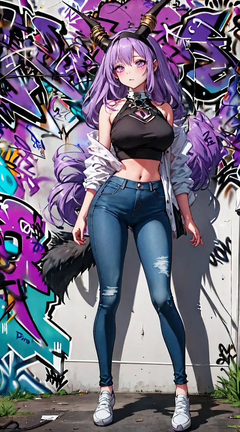 Typhon| Arc Knight, Masterpiece, best quality, 1 woman,Age 20, double tail hairstyle, The body is in proportion.., Dragon Hill, dragon tail, My hair is very long., headband, purple hair, conjunctivitis, Long jeans, ,only, (graffiti:1.5), splashed with purp...