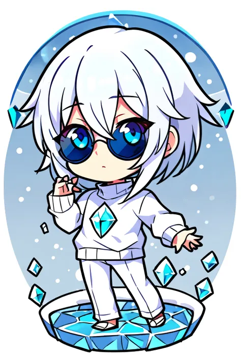 full body, childish, handsome, 1boy, anime, snow-white hair, blue crystal sapphire eyes, sweater, blue cyrcled sunglasses