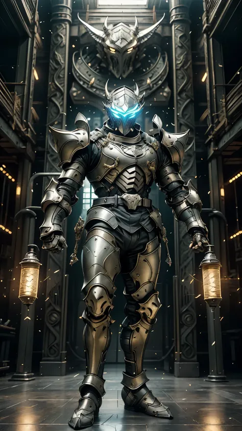 A man wearing a full-face helmet, a fantasy-style biomecha armored combat suit, green eyes, a composite layered chest armor, fully enclosed shoulder guards, matching arm and leg guards, the belt is adorned with dragon claw grasping orbs, primarily black wi...