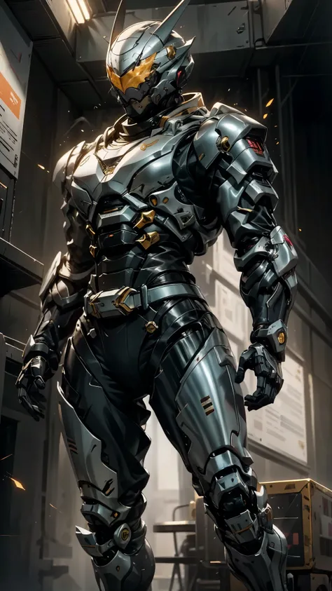 A man wearing a full-face helmet, a fantasy-style biomecha armored combat suit, green eyes, a composite layered chest armor, fully enclosed shoulder guards, matching arm and leg guards, the belt is adorned with dragon claw grasping orbs, primarily black wi...