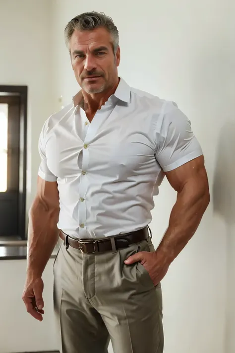 age 60, white man police detective with a mature, kind demeanor, strong and muscular yet chubby build, mustache, wearing dress p...