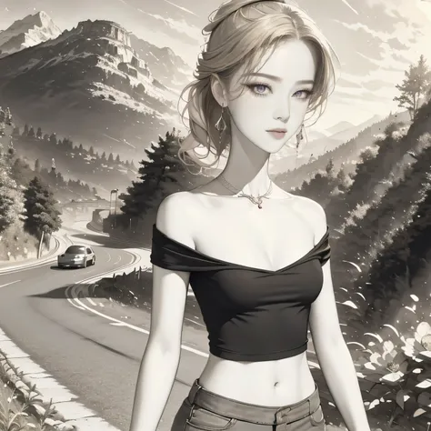 (masterpiece, best quality:1.2), 1 Girl, Solitary，A girl，Red Off-The-Shoulder Tank Top，abdomen，Black tight yoga pants，On winding mountain roads，Wearing sunglasses，Big earrings，Delicate face，The long legs are particularly eye-catching，Standing on the roadsi...