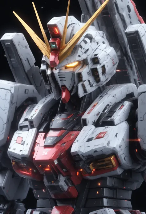 bj_gundam_sdxl, solo, yellow_eyes, upper_body, no_humans, glowing, robot, mecha, glowing_eyes, science_fiction, looking_ahead, v...