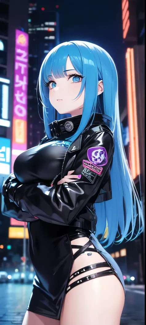 UNA CHICA ESTILO GOTICO DE CABELLO AZUL EN UNA CIUDAD CYBERPUNK  