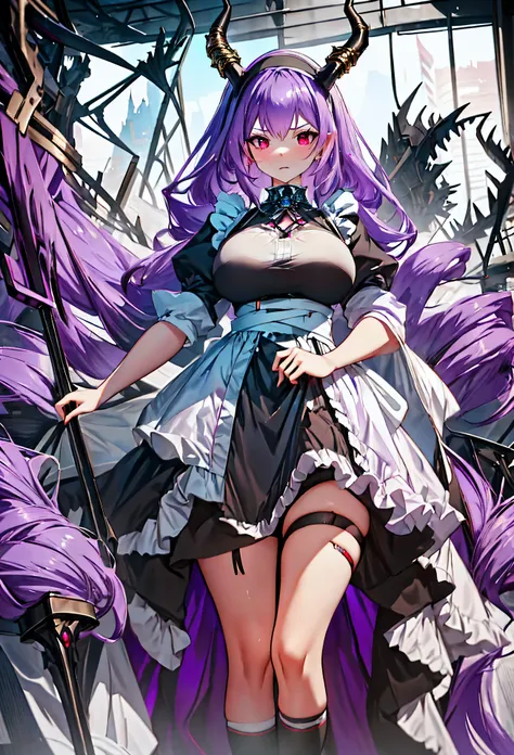 Typhon| Ark Knight, dragon horns, dragon tail, very long hair, hairband, purple hair, red eyes, large breasts,  In a dark night, an eunectes_arknights stands alone, with her very long hair flowing down. She is wearing a hairband and her hair is purple. Her...