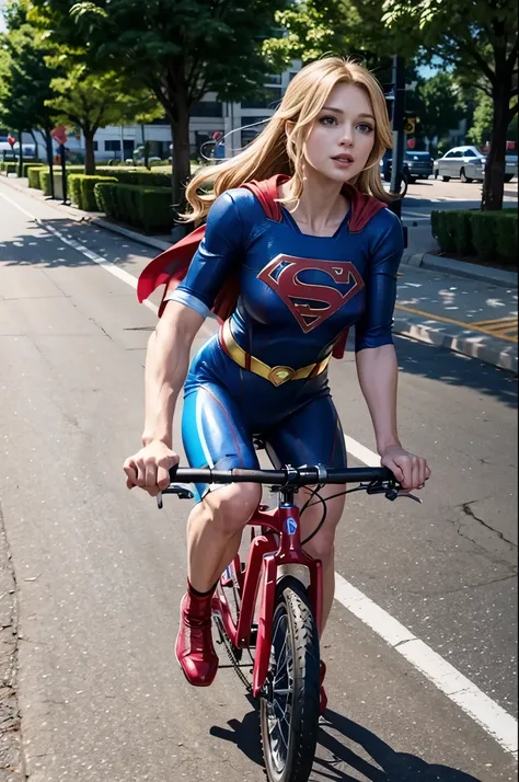 A slightly silly Supergirl on a bike