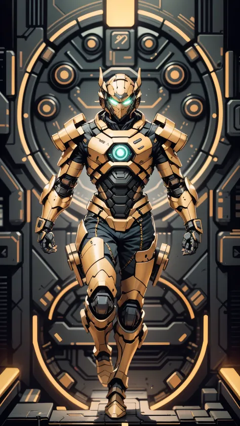 A man wearing a full-face helmet, a fantasy-style biomecha armored combat suit, green eyes, a composite layered chest armor, fully enclosed shoulder guards, matching arm and leg guards, the belt is adorned with dragon claw grasping orbs, primarily black wi...