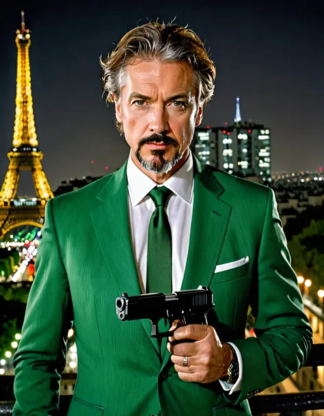 Masterpiece, best quality, male focus, 1man, there is a man in a suit holding a gun in his right hand,  solo, solo focus, man with a gun, dramatic wielding gun pose, holding gun, (Glock 17:1.2), finger on trigger, headshot and bodyshot,  paris, night backd...