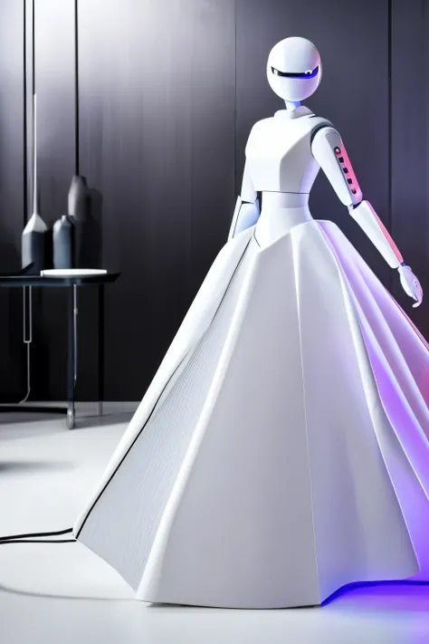 white robot, streamlined without corners, with a shape resembling a long skirt with a flared hem, one blue LED eye, and moves on one wheel