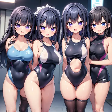 (cute eyes:1.2), (sparkling eyes:1.2), highest quality,wonderful,finely,extremely detailed CG Unity 8K wallpaper, (Stand in line:1.2), (3 girls, clothed), (Black Hair, Purple Eyes, long hair), (competition swimsuit :1.1), (midium breasts), (open mouth:1.1)...