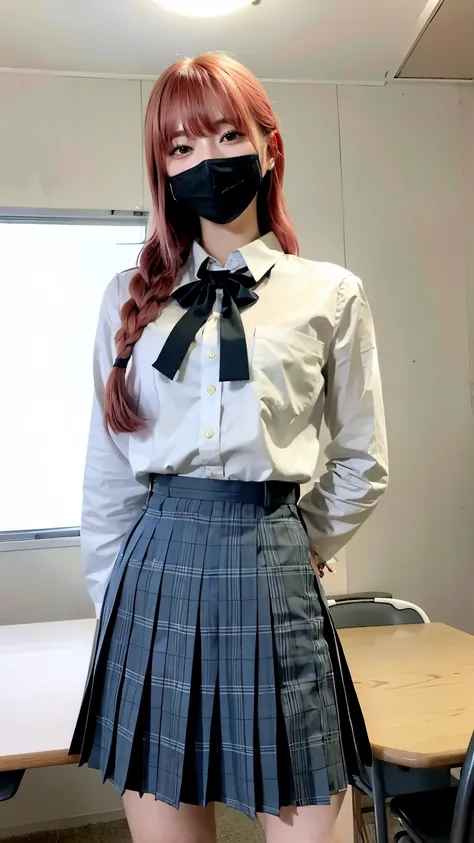 Highest quality、Ultra-high resolution、RAW Photos、Professional Lighting、Detailed Background、In the classroom、Makima、25-year-old female、(High tone cherry pink hair)+(Long braided hair)+(bangs)、(Yellow Eyes)、(Japanese high school girls uniform)、(Uniform ribbo...