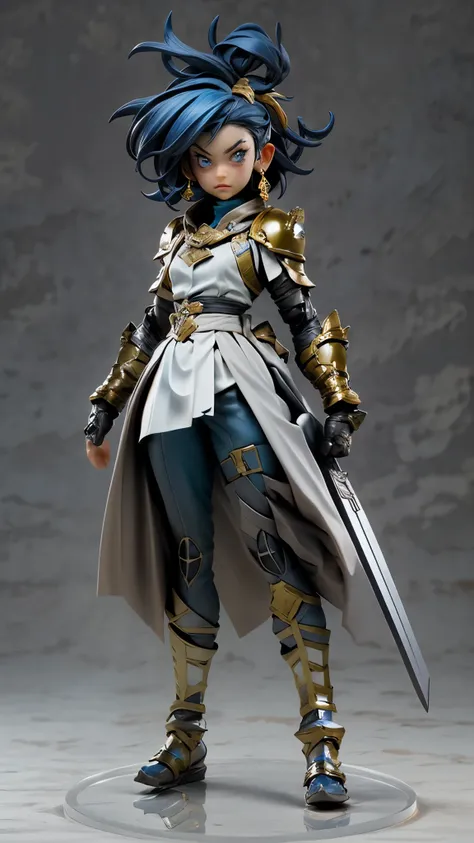 An action figure of a charismatic dark blue hair goddess woman dressed as a glad warrior holding a sword, by hot toys, sakimichan, gorgeous, beautiful cute face, blue anime eyes, gladiator, roman gladiator, in screenshot from the 300 movie, gladiator woman...