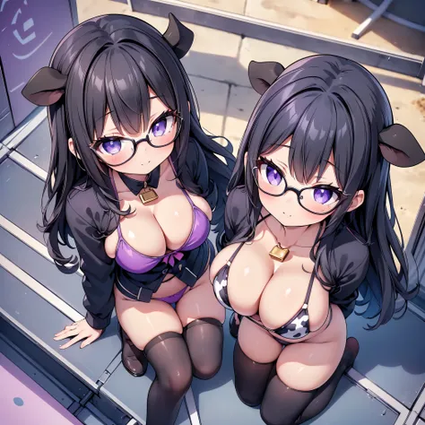 (cute eyes:1.2), (sparkling eyes:1.2), (8K、Best image quality、highest quality、masterpiece)、Detailed face、(2 girls)、Improve、(Black Hair, Purple Eyes, Glasses, long hair), (skinny body:1.4), (huge breasts:1.3), (cow print micro bikini:1.1), all fours a chair...