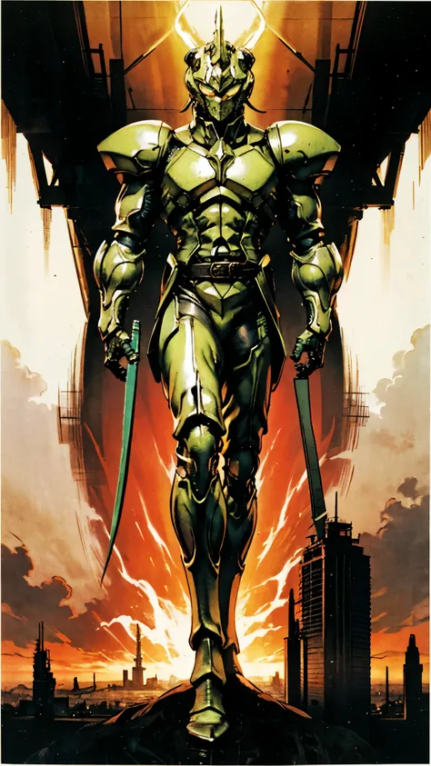 A man wearing a full-face helmet, a fantasy-style biotech armored combat suit, green eyes, (a composite layered chest armor), fully enclosed shoulder guards, matching arm and leg guards, the belt is adorned with fangs biting into gem, (the color scheme is ...